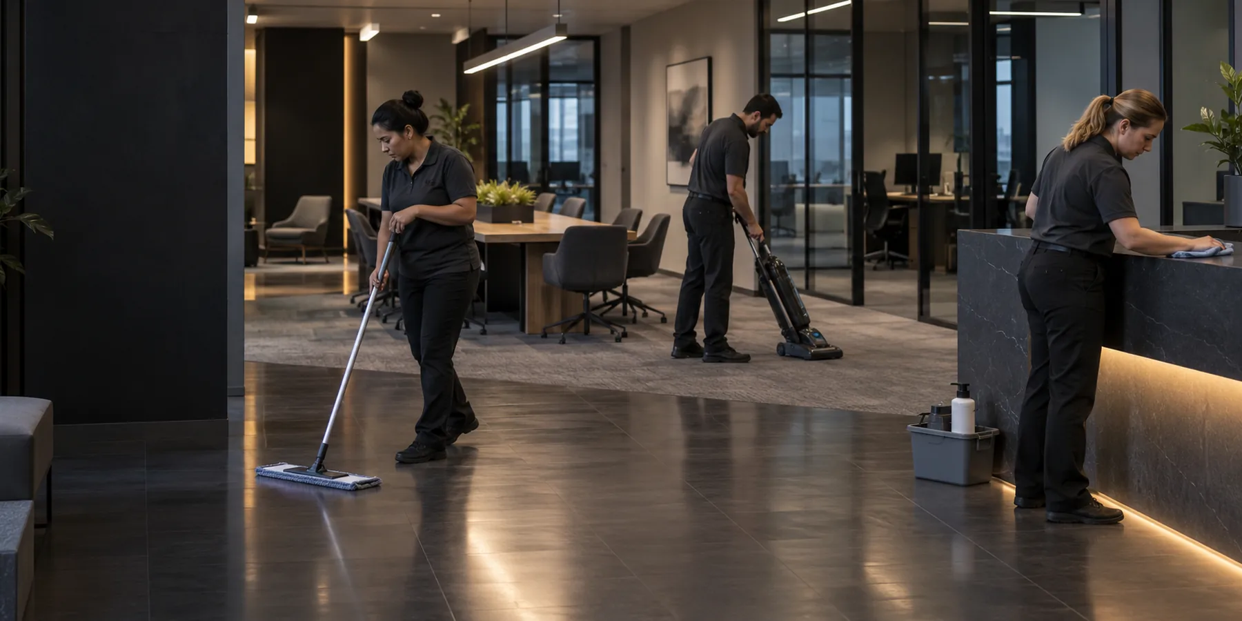Professional cleaner working in a modern commercial interior