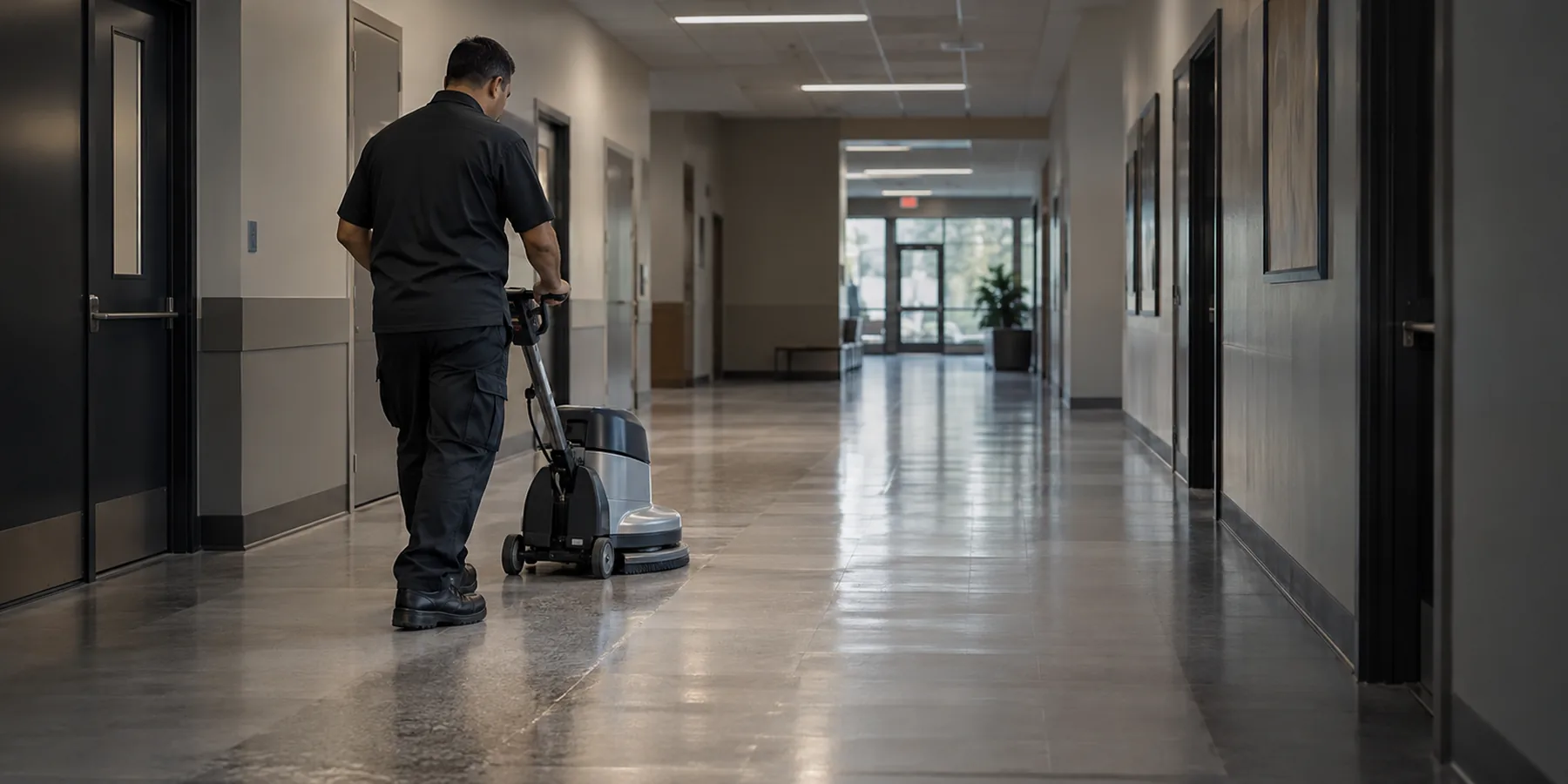 Facility hallway with floor maintenance in progress
