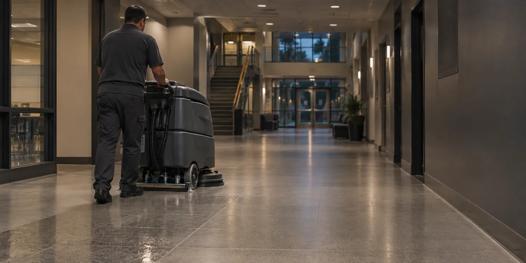 Commercial floor maintenance in a facility hallway