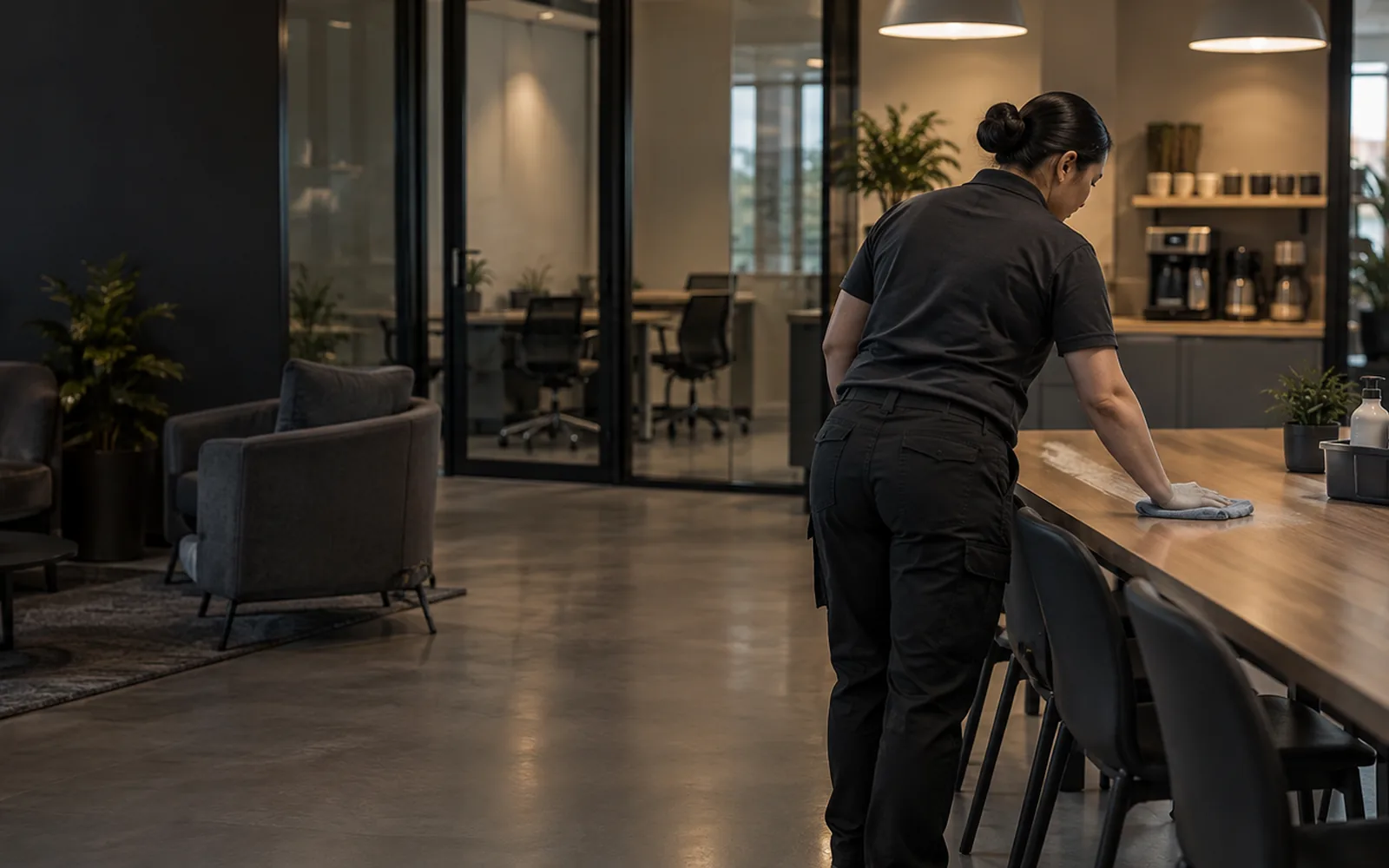 Office common area during a commercial cleaning visit