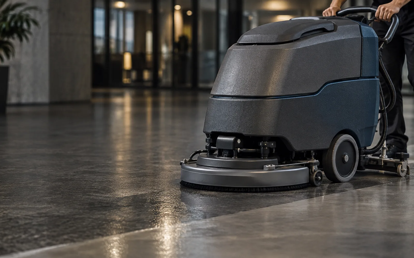 Floor scrubbing machine on a commercial hard floor