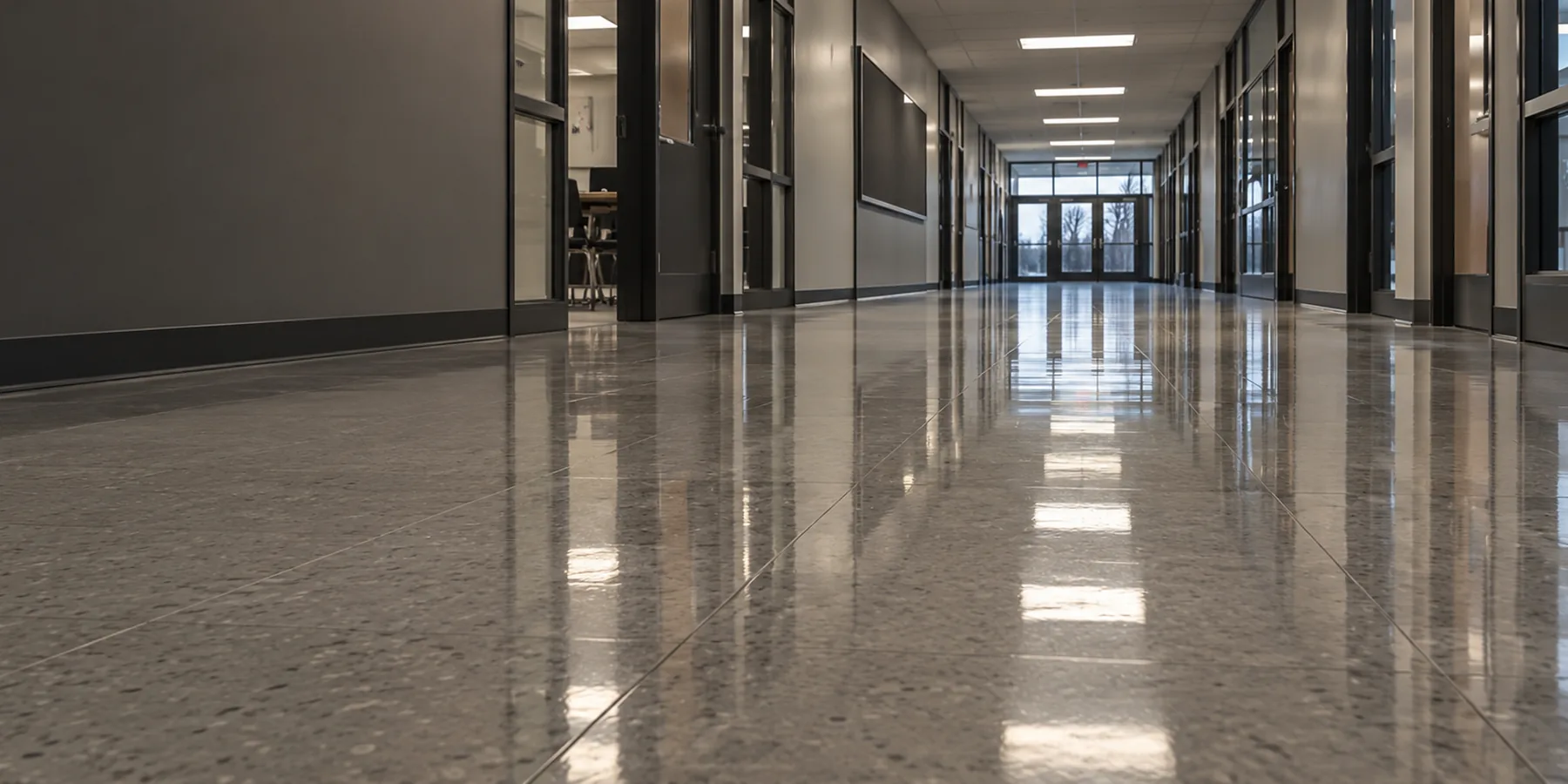 Freshly waxed floor in a school hallway